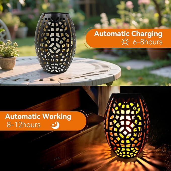 2PCS Solar Table Lanterns with Flickering Flame Light Outdoor Waterproof Metal Desktop Decorative Lamp with Hollow Design for Tabletop Garden 7.3 H Black Geometric Figure