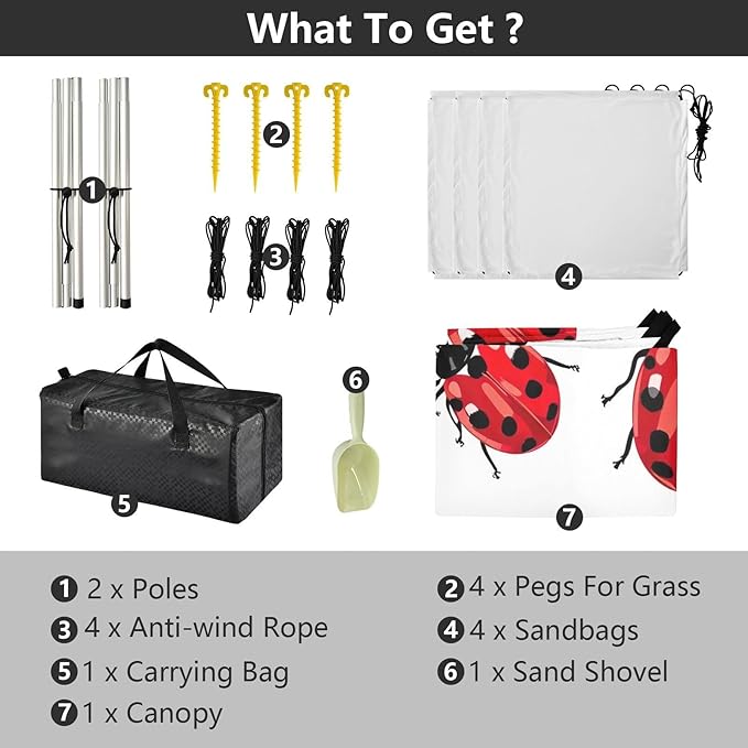 Lady Bug Pattern Beach Tent Sun Shelter 9.2' x 10.5' Beach Canopy with 4 Sandbags 4 Stability Poles Sand Shovels - Tent Canopy for Beach Camping Fishing Picnics