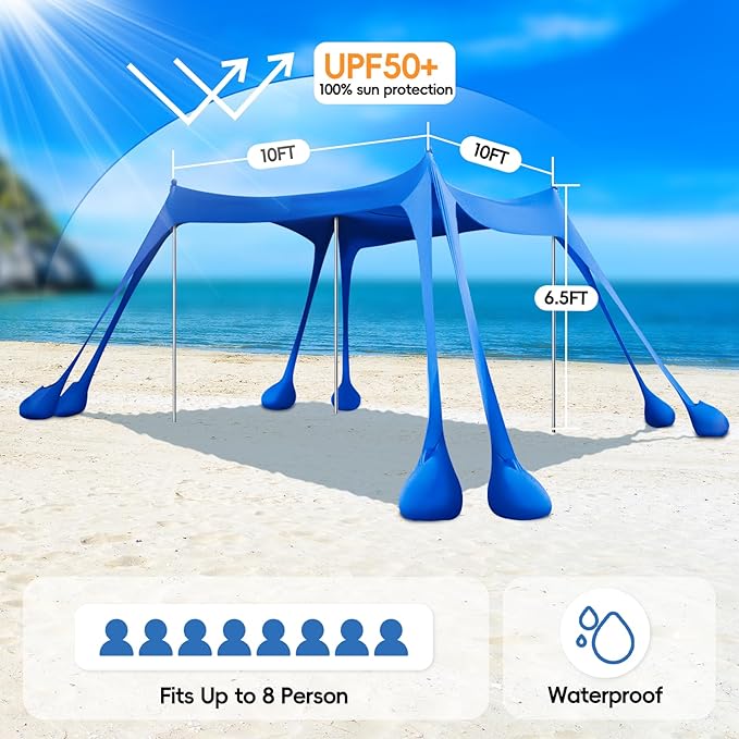 Beach Tent Sun Shelter 10x10ft Shade Canopy Sunshade UPF50+ with 8 Sandbags Sand Shovels Ground Pegs &amp Stability Poles Portable Carry Bag for Family PartyCampingFishingBackyardPicnics
