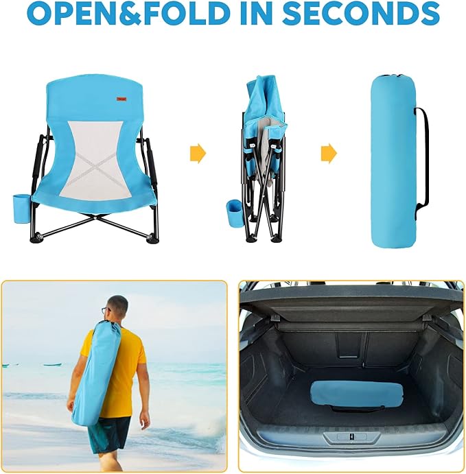 TOBTOS Low Beach Chair for Adults 2 Pack Low Profile Folding with Cup Holder &amp Carry Bag Heavy Duty Chair for Outdoor Sand Camping Concert Travel