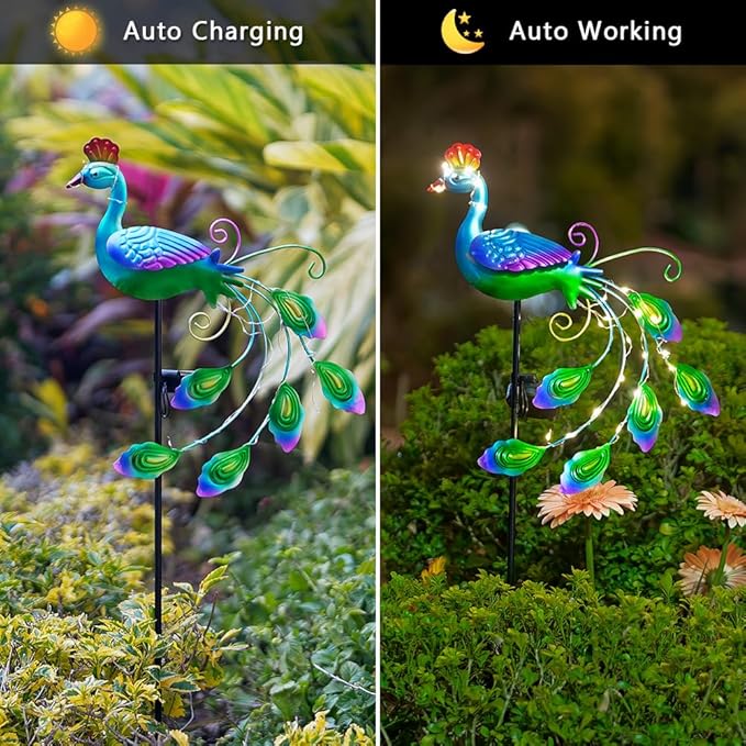 DREAMSOUL 2 Pack Metal Peacock Solar Lights Outdoor Waterproof LED Solar Lights Decorative Garden Stakes for Yard Pathway Peacock Decor