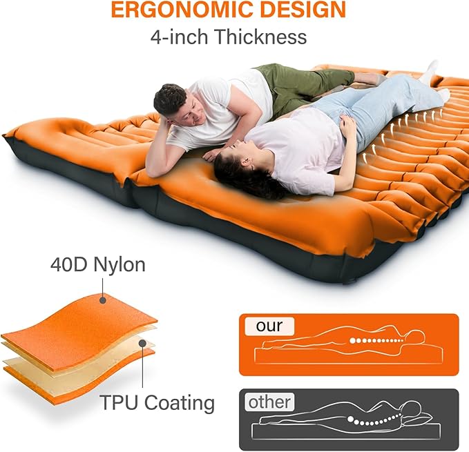 Double Sleeping Pad for Camping 4 Extra Thick Self-Inflating Air Mattress - 2 Person Inflatable Camping Mat with Built-in Foot Pump &amp Pillow Backpacking Hiking Tent Travel-Orange