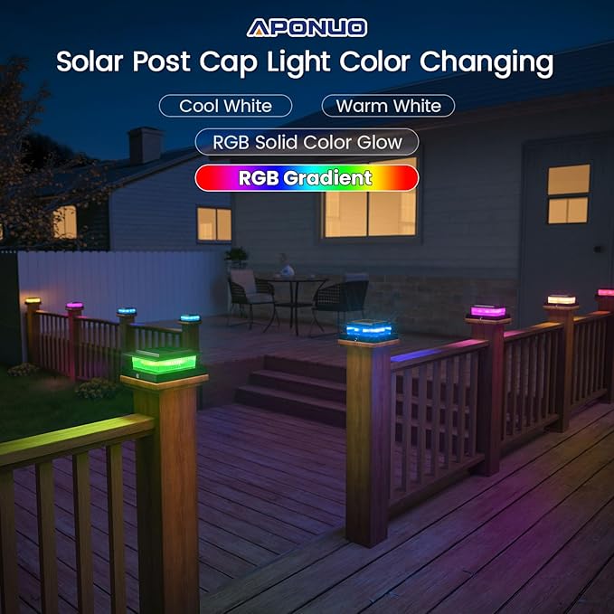 APONUO 6 Pack Solar Post Cap Lights Color Changing - 8 Solid Colors &amp Flowing Multicolor IP65 Waterproof for 4x4 Wood/Vinyl Posts Auto On/Off Deck Fence Patio Garden Lighting Black
