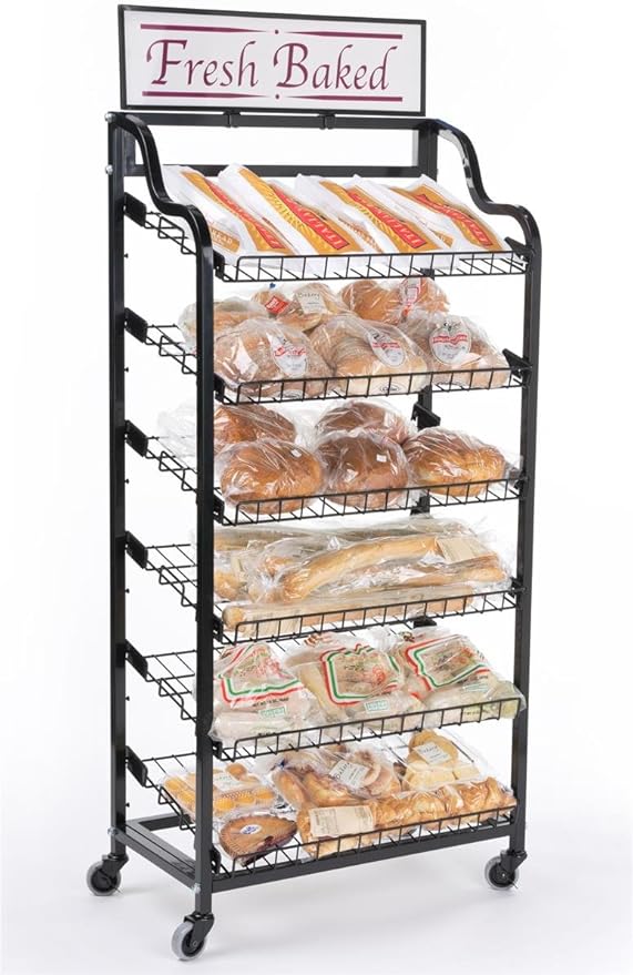 Displays2go Metal Wire Rack Storage Unit with Tilting Shelves Two Types of Sign Holders Locking Wheels and Fresh Baked Header 64 Inch Black (BAKCRT6NBK)