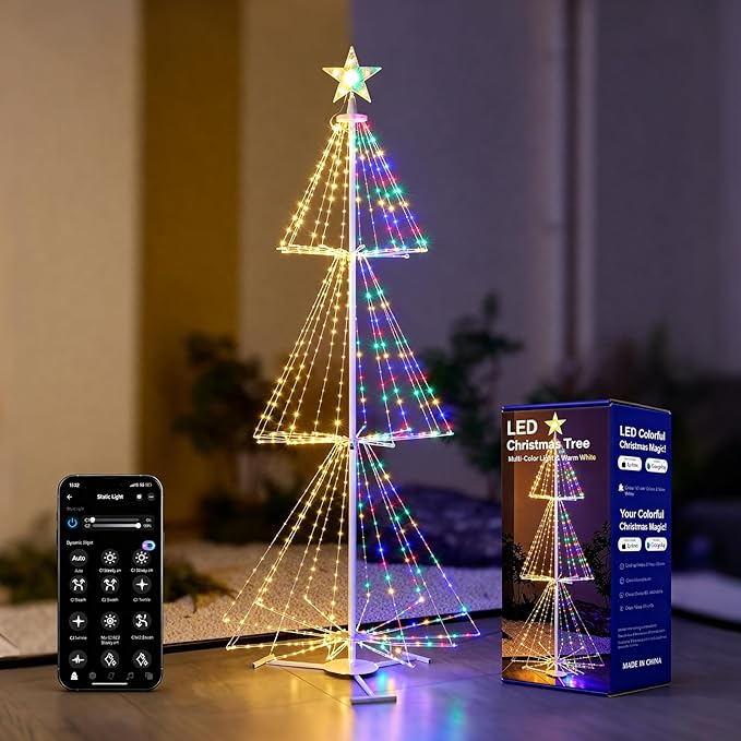 7.5FT Outdoor Christmas Tree Lights with 779LED Cone Tree Lights - Smart App Control - IP54 Waterproof for Indoor &amp Outdoor Home Christmas Party Holiday Decorations -Warm White and Multicolor