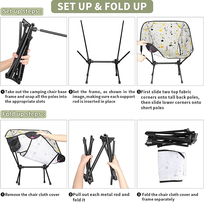Honeybaby Folding Camping Chair Cute Music Notes Camping Chairs Lightweight Portable Chair Outdoor Foldable Chairs for Camping Travel Picnic Beach Hiking