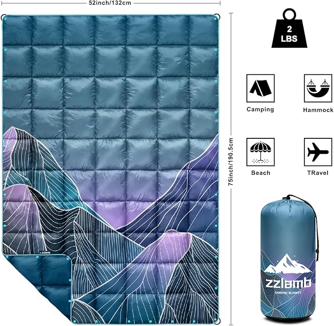 zzlamb Camping Blanket for Cold WeatherOutdoor Puffy Blanket Portable Down AlternativeWindproof Warm Cloak with SnapsCozy Quilt Backpacking Picnic RV Travel Plane Car Hammock Beach Climbing