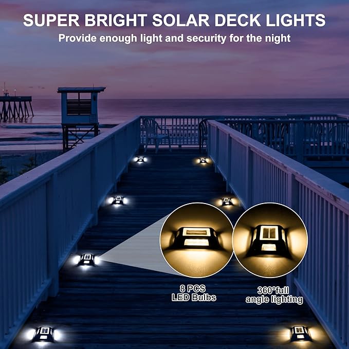 Solar Deck Lights Driveway Dock Lights- 8 Packs Waterproof 1200mAh Solar Powered Outdoor LED Aluminum Dock Lighting Road Markers Step Light for Sidewalk Garden Pathway Yard (White/Warm White)