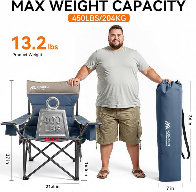 Heated Camping Chair Extra Wide Heated Chair Heavy Duty Heated Camp Chair Supports 450 lbs Heated Lawn Chairs for Adults with Cup Holder Cooler Side Pocket (Power Bank not Included)