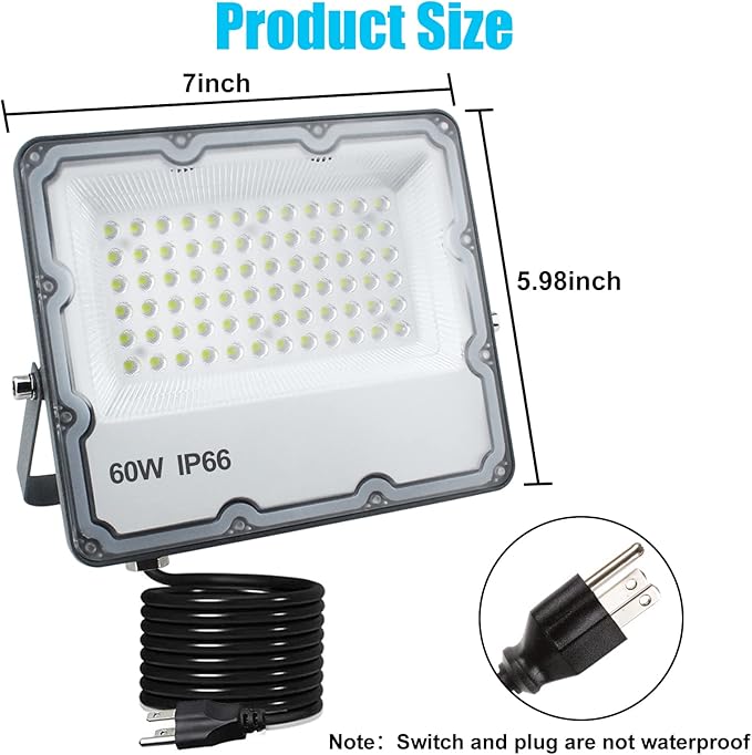 2 Pack 60W Led Outdoor Flood Light Exterior Flood Lights Plug in Flood Light for Yard Stadium Playground LawnGarden GaragesBasketball Court