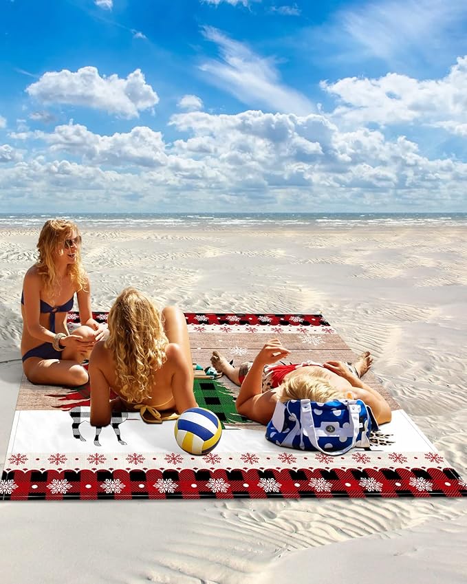 Beach Blanket Waterproof Sandproof Christmas Tree Elk Shadow Winter Snow Quick Drying Beach Mat with 4 Stakes Leopard Trees Farm Vintage Wood Lightweight Picnic Blanket for Travel Camping 108x84