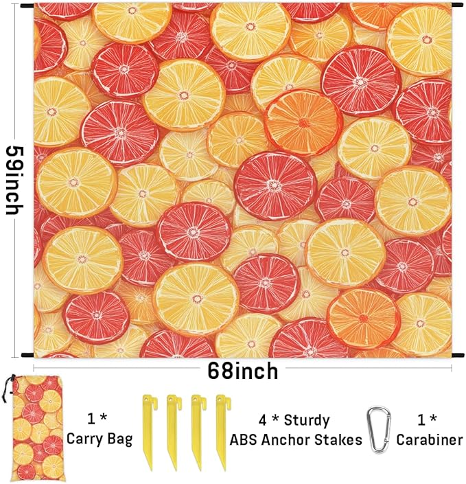 Waterproof Sandproof Beach Blanket 59''×68'' Orange Slices Polyester Outdoor Picnic Blanket with 4 Stakes &amp Storage Bag for BeachCampingVacation Yellow &amp Red
