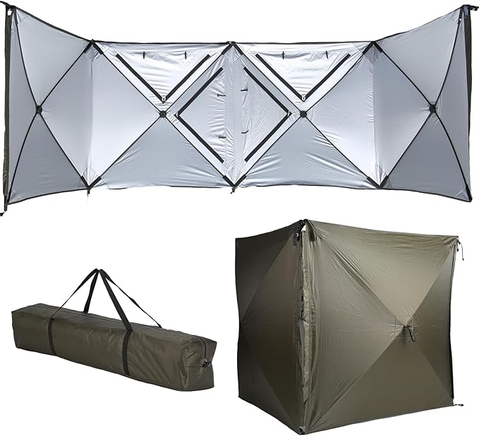 16FT Camping Wind Blocker 4 Panels Beach Privacy Screen Wind Screen Shade Wall with Mesh Window Poles Ground Nails Included for Camping Beach Garden (Green)