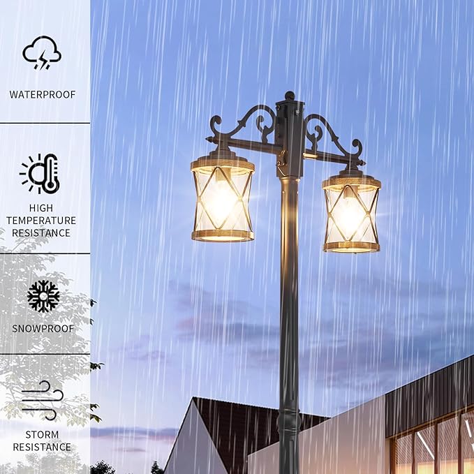 Dusk to Dawn Outdoor Lamp Post Lights with GFCI OutletDouble-Head Farmhouse Street Light FixtureAluminum Black Pole Exterior Lights Waterproof Lantern Outdoor Lighting