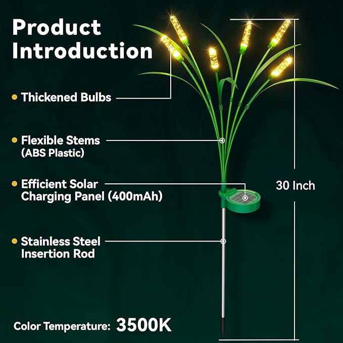 4 Packs Reeds Solar Garden Light 30 Inch Garden Solar Light with 24 Bulbs Intelligent Light Control System IP65 Waterproof Outdoor Solar Light for Decorating Yard Pathway(Warm Color)
