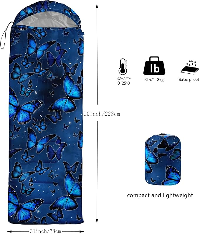 Kids Sleeping Bag for Boys GirlsBlue Black Butterfly Print-Lightweight Warm Portable Outdoor Indoor-Waterproof Cold Weather Resistant Sleeping Bag for Camping Hiking(Butterfly)
