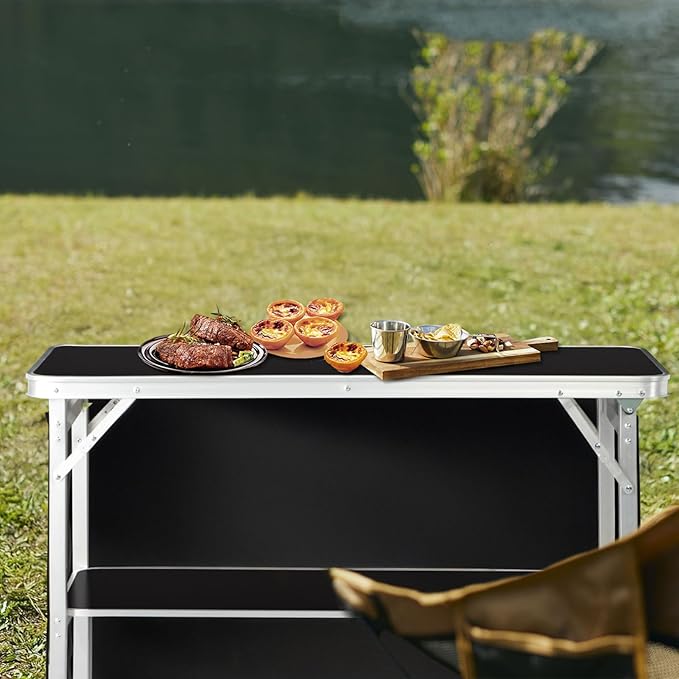 Folding Mobile Bar Table Tradeshow Podium Table with Carrying Bag Storage Shelf and Black Skirt Portable Bar Tables for Events Indoor Outdoor Party Picnic Camping 111 lbs Capacity (Black)
