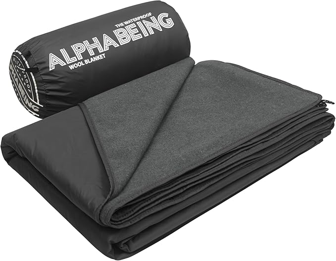 AlphaBeing Waterproof Outdoor Blanket with Merino Wool Extra Thick Warm Windproof Packable Stadium Blankets for Cold Weather Camping Gift Pet Car Picnic Concerts 79 x 59 Black/Gray
