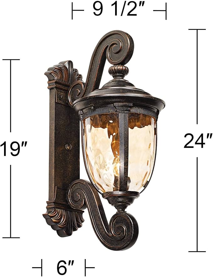 John Timberland Bellagio European Outdoor Wall Light Fixture Bronze Scroll 24 Champagne Hammered Glass Decor for Exterior House Porch Patio Outside Deck Garage Yard Front Door Garden Home
