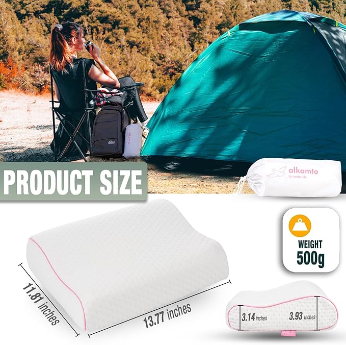 alkamto Travel &amp Camping Comfortable Memory Foam Pillow – Easy to Carry Portable Bag – Temperature Regulating Pillow Case (Pink Contour + Extra Cover)