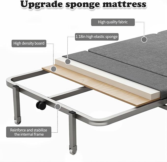 Glamping Cot with Sleeping Pad Folding Bed with Wheels Folding Steel Cot with Thick Mattress Pad for Comfortable Sleeping Deluxe for Big &amp Tall Adults Grey