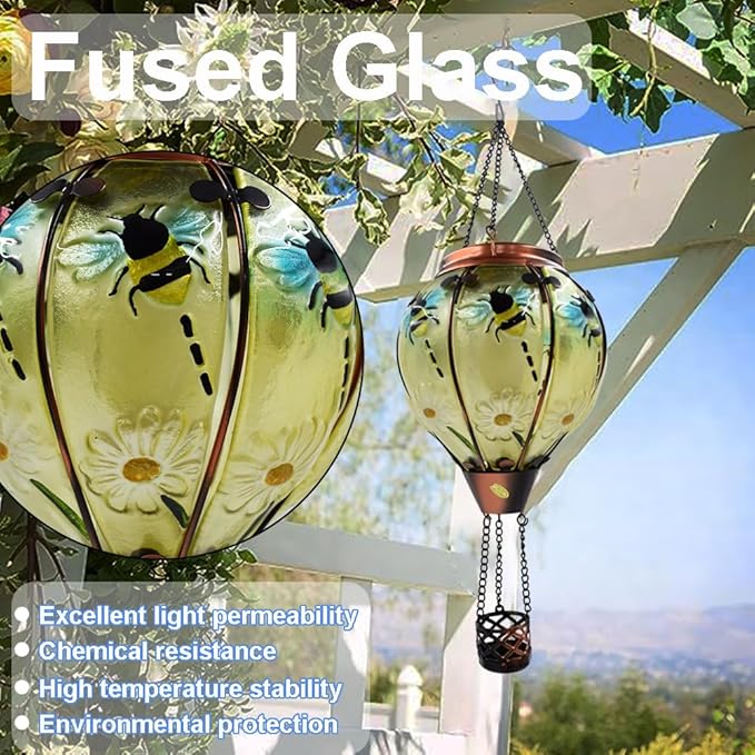 Hot Air Balloon Solar Lantern with Flickering Flame Glass Hanging Garden Lights Outdoor Waterproof for Tree Yard Patio Mother's Day Gift 18 H Bee