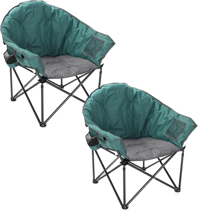 ARROWHEAD OUTDOOR 2-Pack Oversized Heavy-Duty Club Folding Camping Chair w/Pocket Cup Holder Portable Padded Moon Round Saucer Supports 330lbs