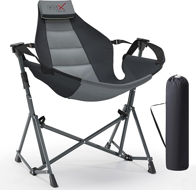 Hammock Camping Chair 3 Heights Swinging Chair with Adjustable Backrest Folding Rocking Chair with Head Pillow&ampCup Holder Outdoor Chairs for Camping and Hiking Supports 350lbs Black