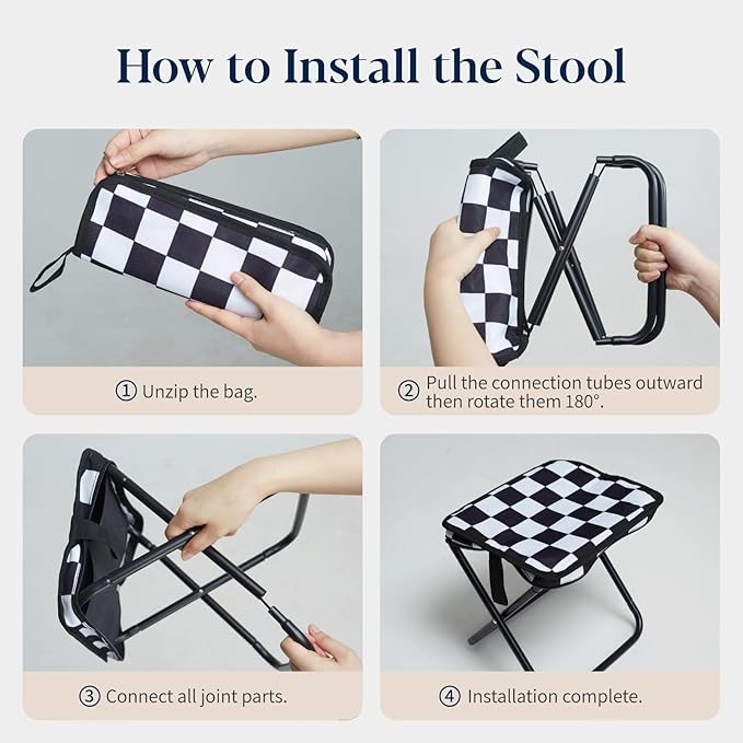 Collapsible Stool Camping Folding Stools: 1.1lbs Lightweight Portable Foot Stool Load 300lbs - 10.5 Inch Camping Chair Fishing Hiking Gardening Beach BBQ with Carry Bag Easy Transport (Black &amp Whi