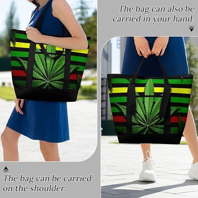 Insulated Shopping BagLarge Reusable Cooler Bags Weed Striped Printed Foldable Shopping BagTravel Waterproof Shoulder Bag