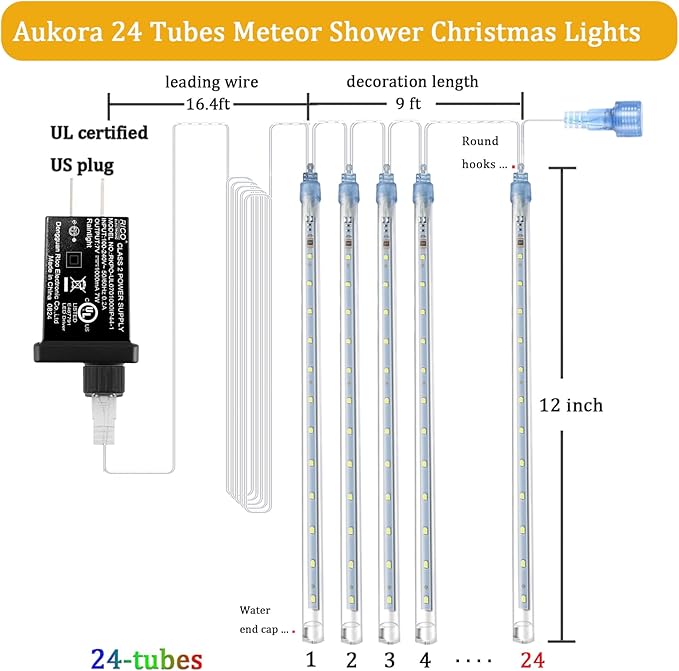 Aukora White Christmas Lights Outdoor UL Plug 24 Tubes 576 LEDs Meteor Shower Light Tandemable Icicle Snow Falling Rain Light for Xmas Tree Halloween Decorations Wedding Party Holiday Garden Decor