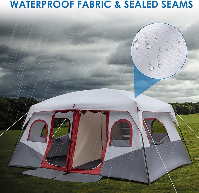10-Person Family Cabin Tent 2-Room 405×305×200cm Waterproof 190T PU Oxford Fabric Tent with Adjustable Ventilation for Camping Hiking (Red &amp Gray &amp White)