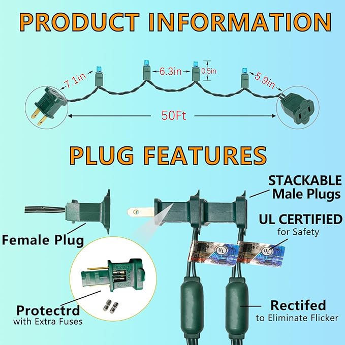 50ft 100 Counts Aqua LED Christmas Lights - Outdoor Commercial Grade Waterproof Green Wire Xmas IP65 UL Listed