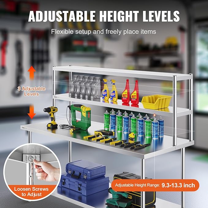 VEVOR Double Tier Stainless Steel Overshelf 12 x 72 Inch Double Deck Height Adjustable Prep Work Table for Kitchen Restaurant and Workshop