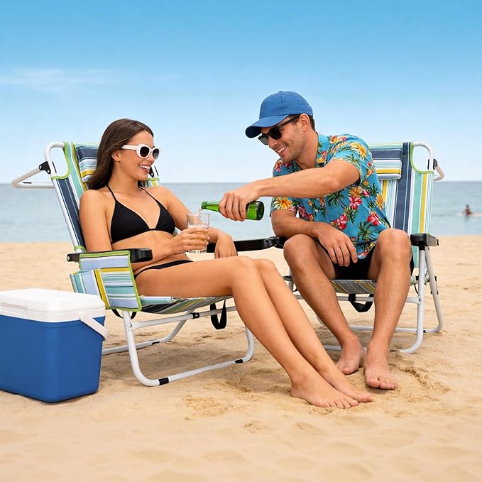 Beach Chair for AdultsPortable 5 Position Backpack Beach Chair Reclining Lay Flat Lightweight Folding Camping Chair w/Large Cooler PouchSupport to 350LBSGreen Low Hight