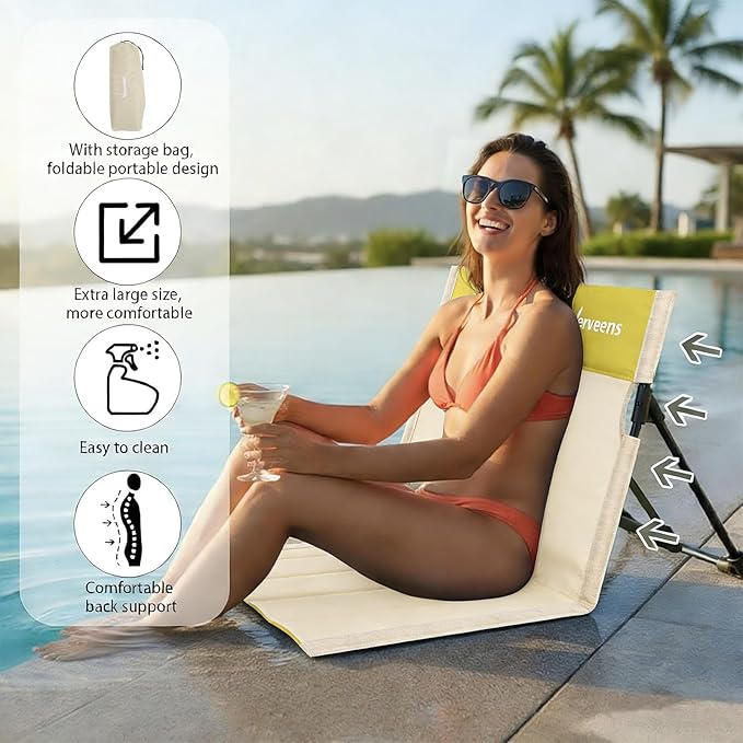 Extra Large Foldable Camping Chair with Cup HolderUltra-Light Portable Beach Chair with Carry Bag for Sunbathing Swimming Poolside Picnic Lawn Road Hiking Trips (Beige and Yellow)