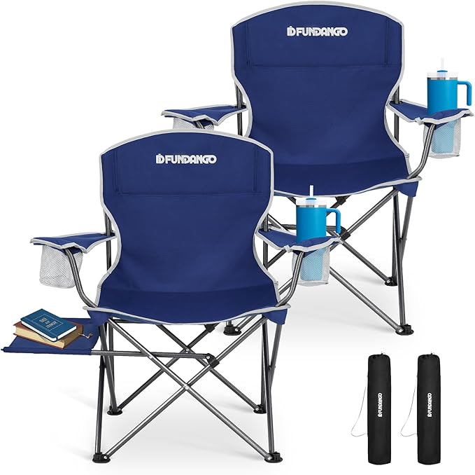 FUNDANGO Folding Camping Chairs for Adults 2 Pack Oversized Beach Chairs with Table Tray Heavy Duty Lawn Chair with Cup Holders for Sports Outdoor Camp(Blue)