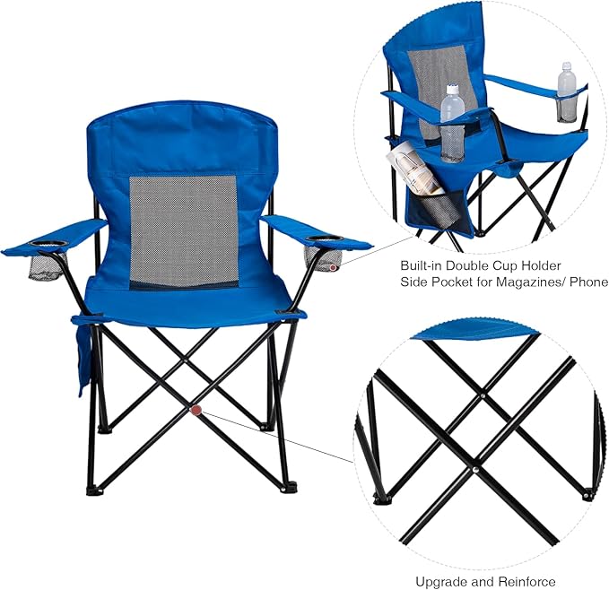 Outdoor Camping Chairs Set of 2 Folding Portable Foldable Lawn Chair Support 300lbs with Cooling Mesh Backrest 2 Cup Holder Side Pocket for Concert Carry Bag for Sports(Blue Mesh2 Pack)
