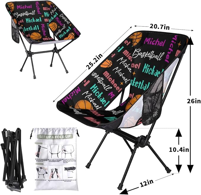 Custom Camping Chair Personalized Portable Backpacking Chair with Name Lightweight Folding Chair for Beach Hiking Basketball Theme