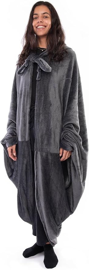 Mintra Home Wearable Blanket Hoodie Soft Warm &amp Cozy Snuggies for Women &amp Men Hooded Blanket with Full Sleeves for Adults One Size Fits All 70in x 62in (Grey)