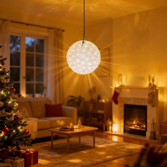 Warm White Starlight Sphere Lights 7.5 Inches UL Certified and Commercial Grade LED Hanging Sphere Light for Indoor and Outdoor Christmas Patio Garden.