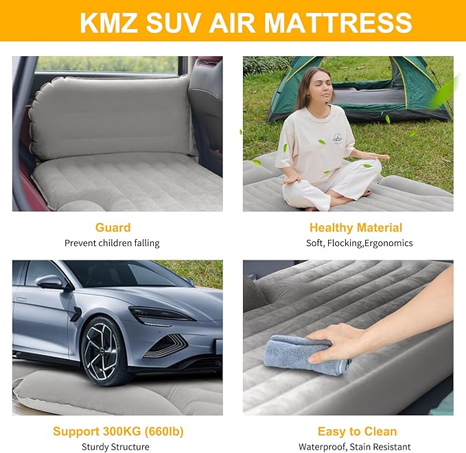 KMZ SUV Air Mattress Thickened and Double-Sided Flocking Travel Camping Bed with 2 Pillows &amp Electric Pump Dedicated Mobile Cushion Inflatable Bed for SUV Trunk and Rear Seat (Light Gray)