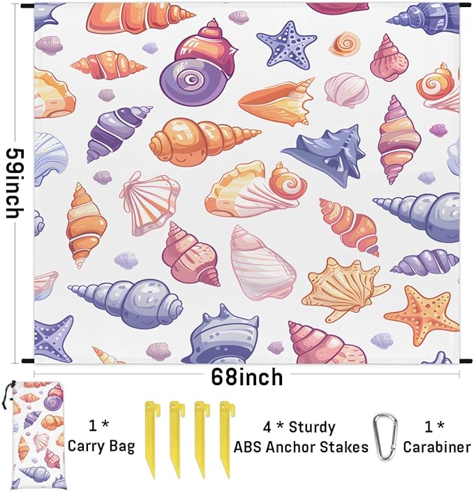 Waterproof Sandproof Beach Blanket 59''×68'' Multi-Color Shell Polyester Outdoor Picnic Blanket with 4 Stakes &amp Storage Bag for BeachCampingVacation White