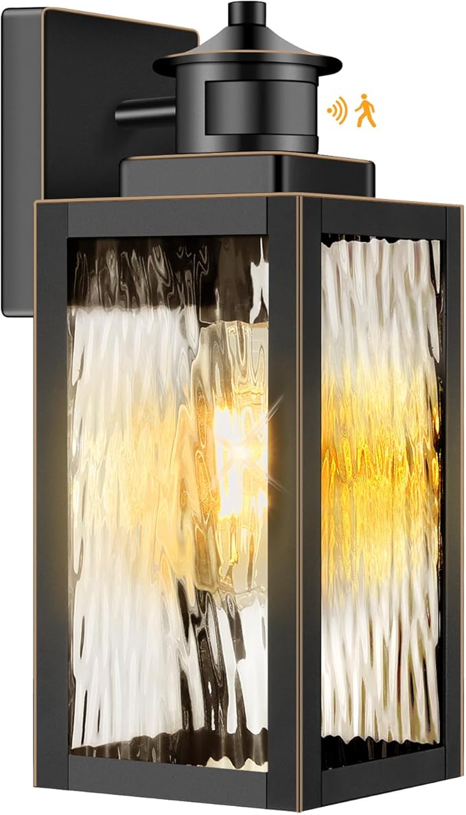 13.6 Motion Sensor Outdoor Wall Sconce Lantern Exterior Waterproof Wall Lights Fixture with Water-Rippled Glass Bronze Outside Mount Lighting for House Porch Garage Patio Bulbs Not Included