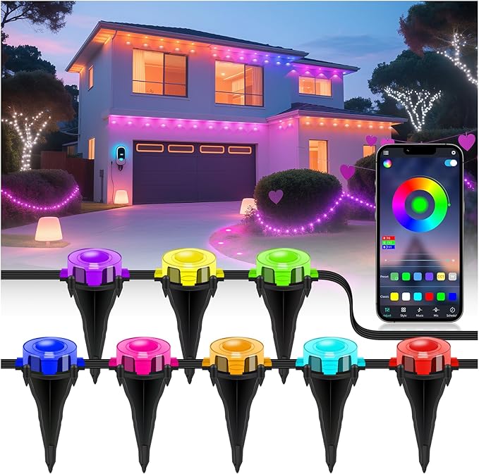 Outdoor Ground Lights 150 FT Permanent Outdoor Lights for House with RGB Color Changing Bluetooth Music Sync IP67 Waterproof Timer for Eaves and Landscape Lighting