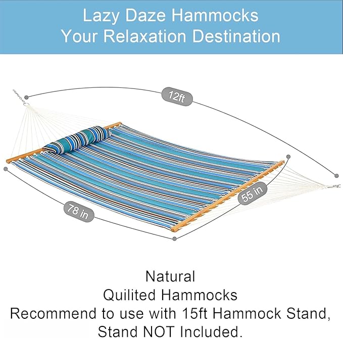 Lazy Daze Hammocks 12 FT Quilted Fabric Double Hammock with Spreader Bars and Detachable Pillow 450lbs Weight Capacity