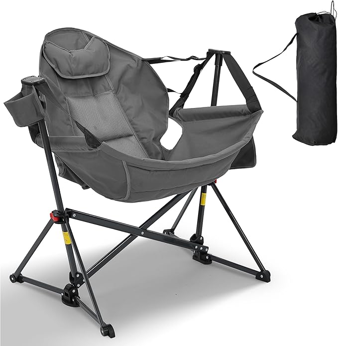 Ainfox Hammock Camping Chair Foldable Portable Rocking Chairs for Adults Outside Swinging Camp with Cup Holder Pillow for Outdoor Patio Lawn (Grey)