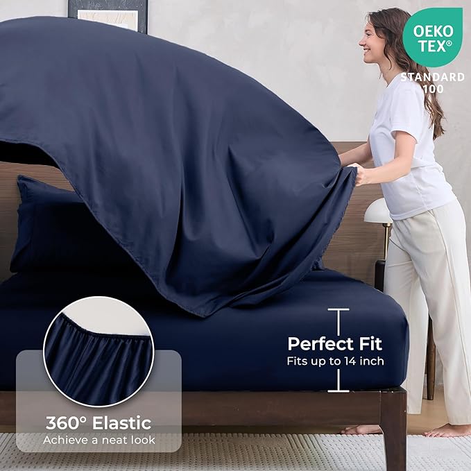 HEVUMYI Navy Blue Cali-King Comforter Set - 7-Piece All Season Bed in a Bag Cali-King Ultra Soft Bedding Set with Comforter Flat Sheet Fitted Sheet Pillowcases Pillow Shams Navy Blue