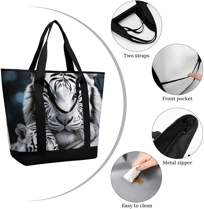 Insulated Shopping BagLarge Reusable Cooler Bags White Tiger Printed Foldable Shopping BagTravel Waterproof Shoulder Bag
