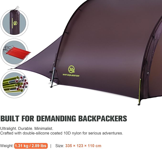 Gale Lite 2 Ultralight 2-Person Tunnel Tent – 2.89 lb Double Silicone-Coated Fabric Compact 3-Season Backpacking Shelter – Wine Brown Bundle with Footprint